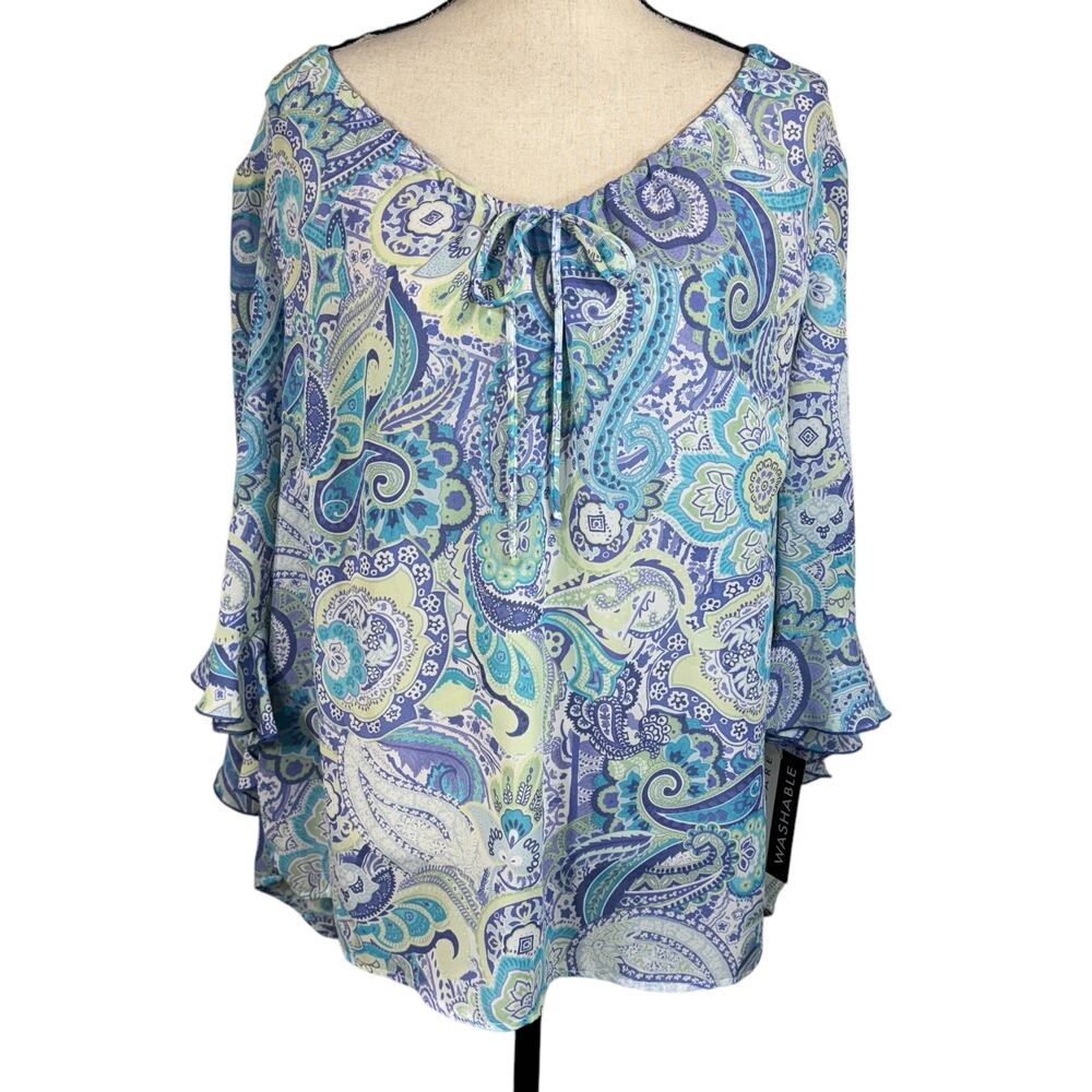 Dressbarn SZ 14/16 Top Paisley Semi-Sheer 3/4 Bell Sleeves Lightweight V-Neck
